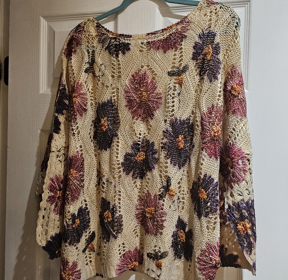 Floral Knit Sweater with Purple and Orange Accents